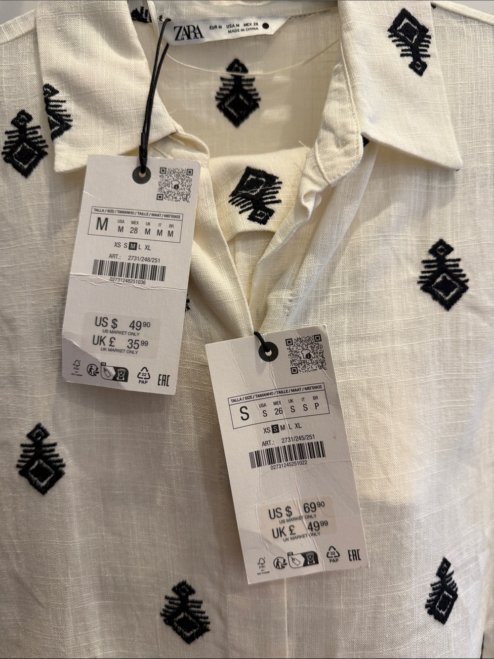 Zara Cream Short-Sleeve Button-Up Shirt with Black Geometric Motif - Picture 2 of 2
